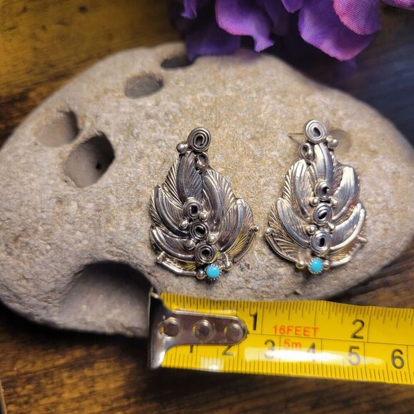 Native American Navajo Sterling Silver Turquoise Leaf Post Earrings Darrell Morg - Picture 5 of 7